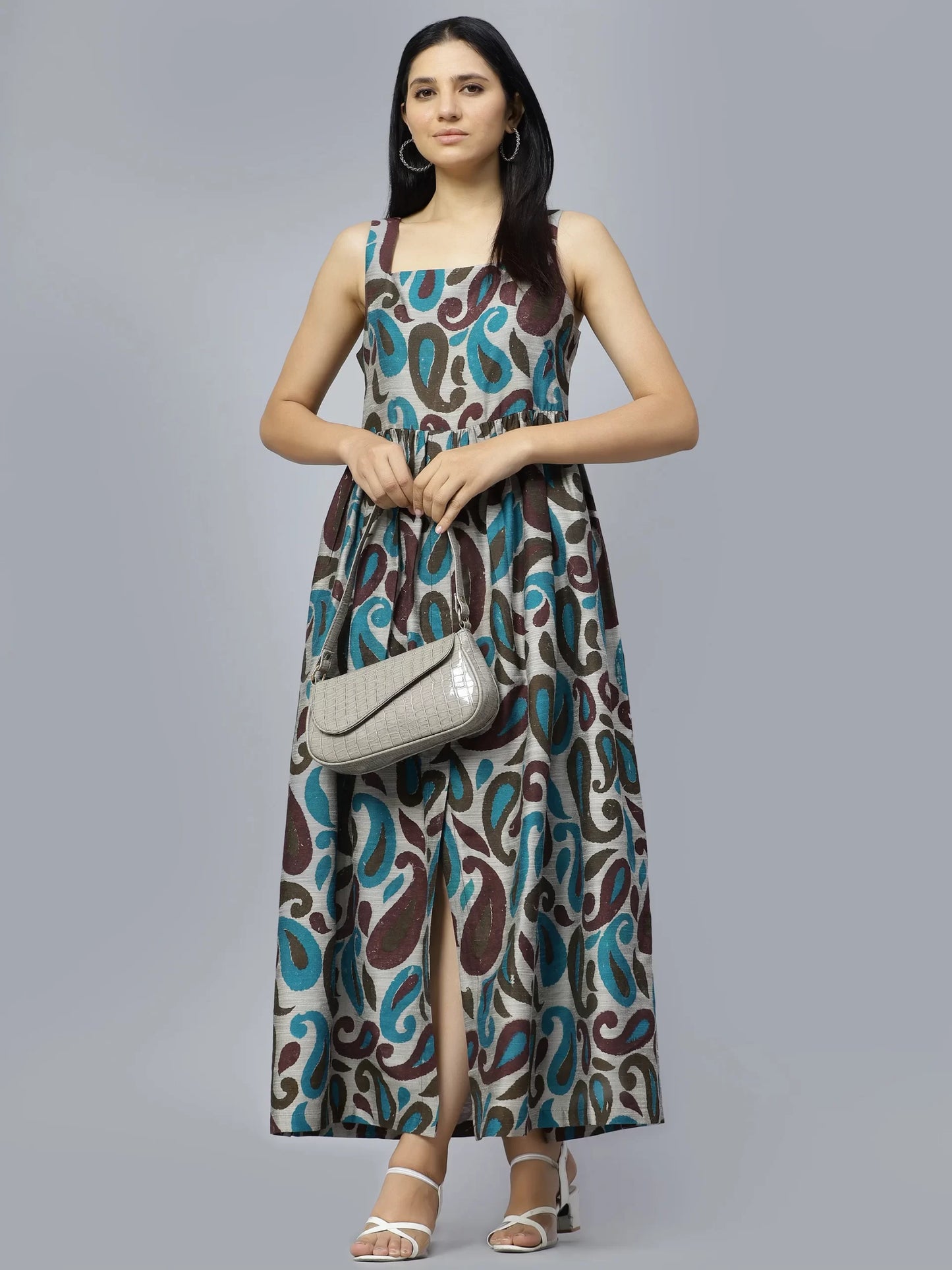 Paisley Ethnic Motifs Printed Shoulder Strap Cotton Fit &amp; Flare Maxi Dress