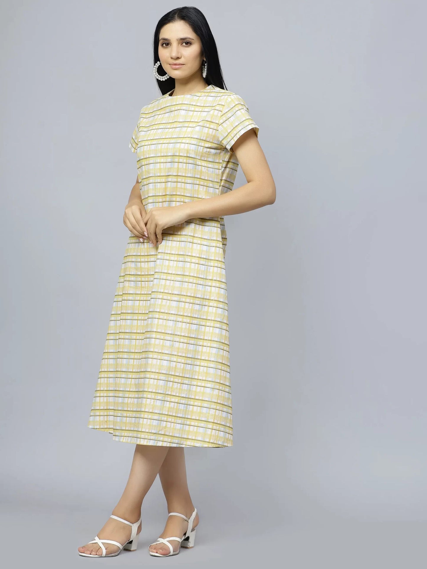 Checked Round Neck Cotton A-Line Midi Dress