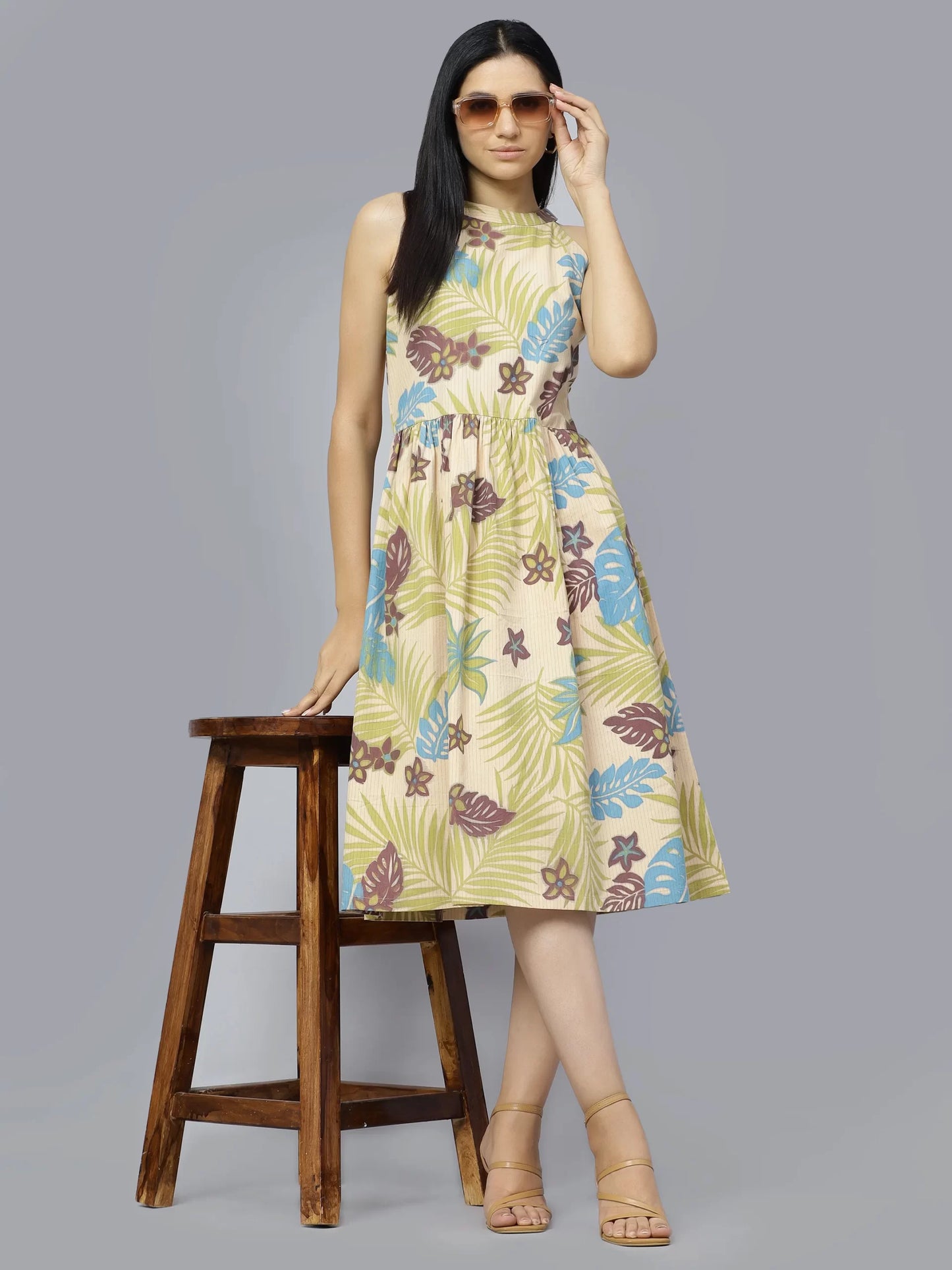 Floral Printed Fit &amp; Flare Cotton Midi Dress