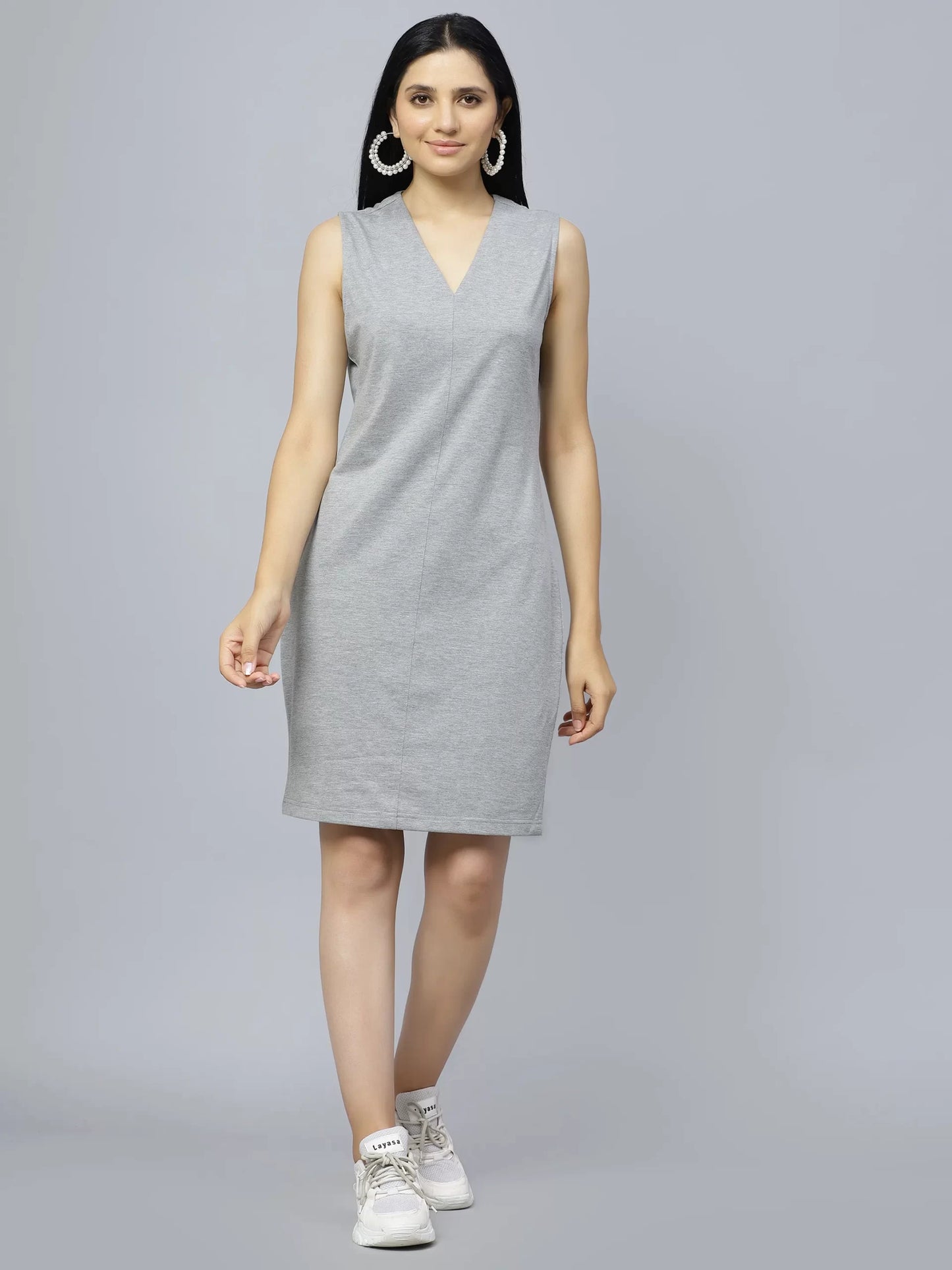 Grey V-Neck Sheath Dress