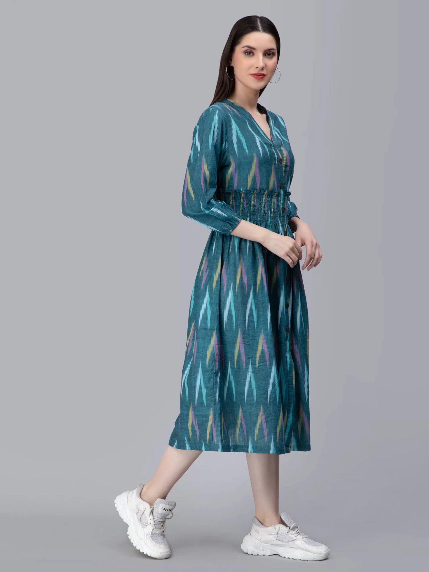 Ethnic Motifs Ikkat Printed V-Neck Smocked Shirt Dress