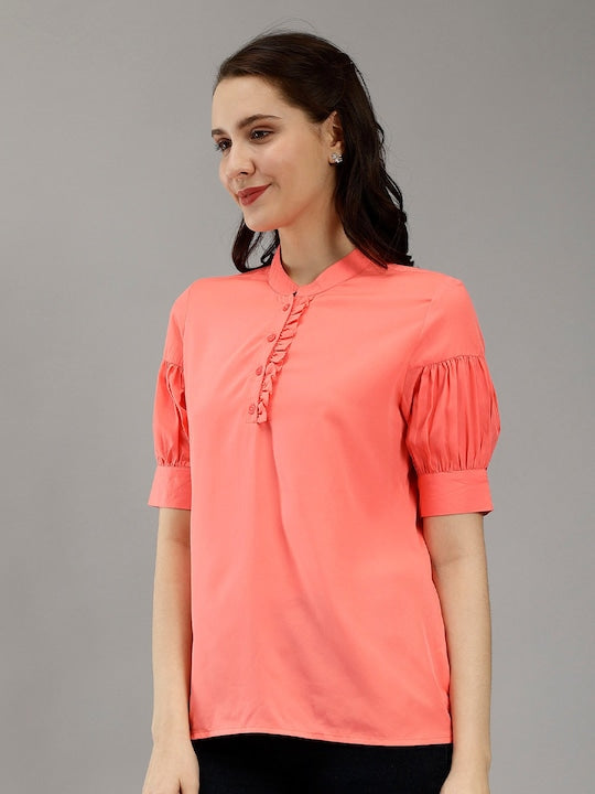 Mandarin Collar Puff Sleeves Ruffles Detailed Top