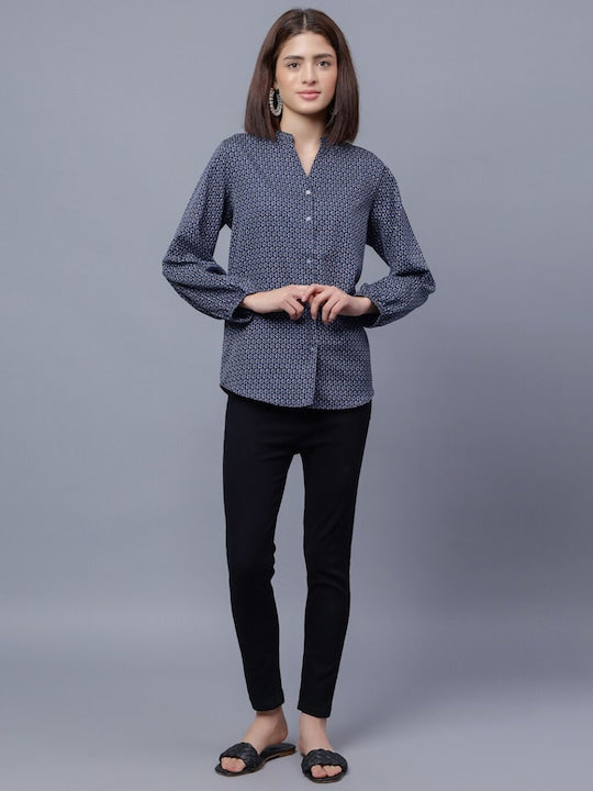 Comfort Geometric Printed Mandarin Collar Casual Shirt