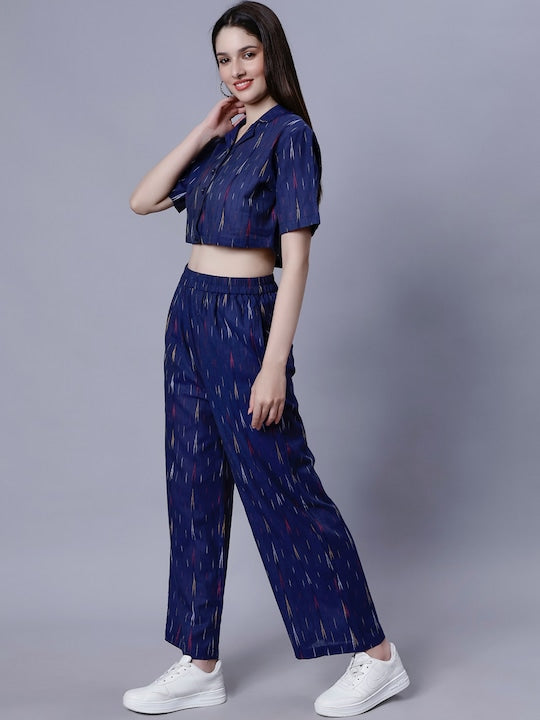 Printed Lapel Collar Pure Cotton Crop Top With Trouser