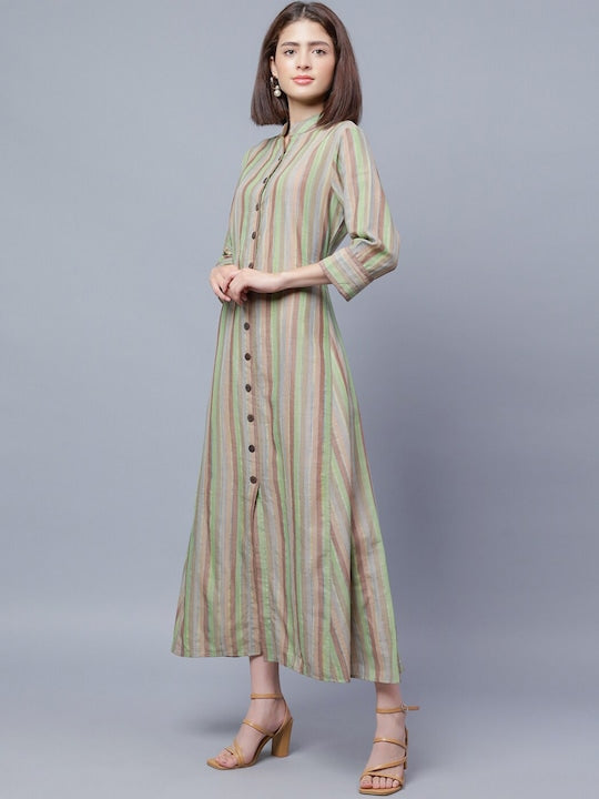 Striped Shirt Collar Cotton Maxi Shirt Dress