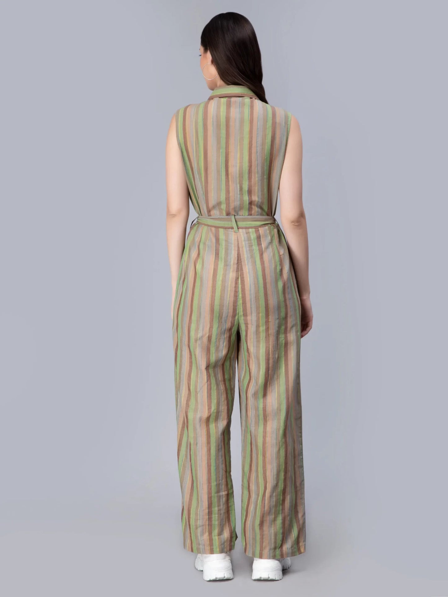 Striped Cuban Collar Waist Tie-Ups Cotton Basic Jumpsuit