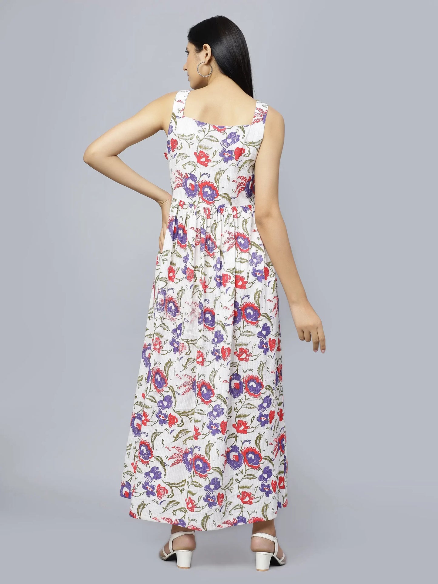 Off White Floral Printed Shoulder Strap Cotton A-Line Dress