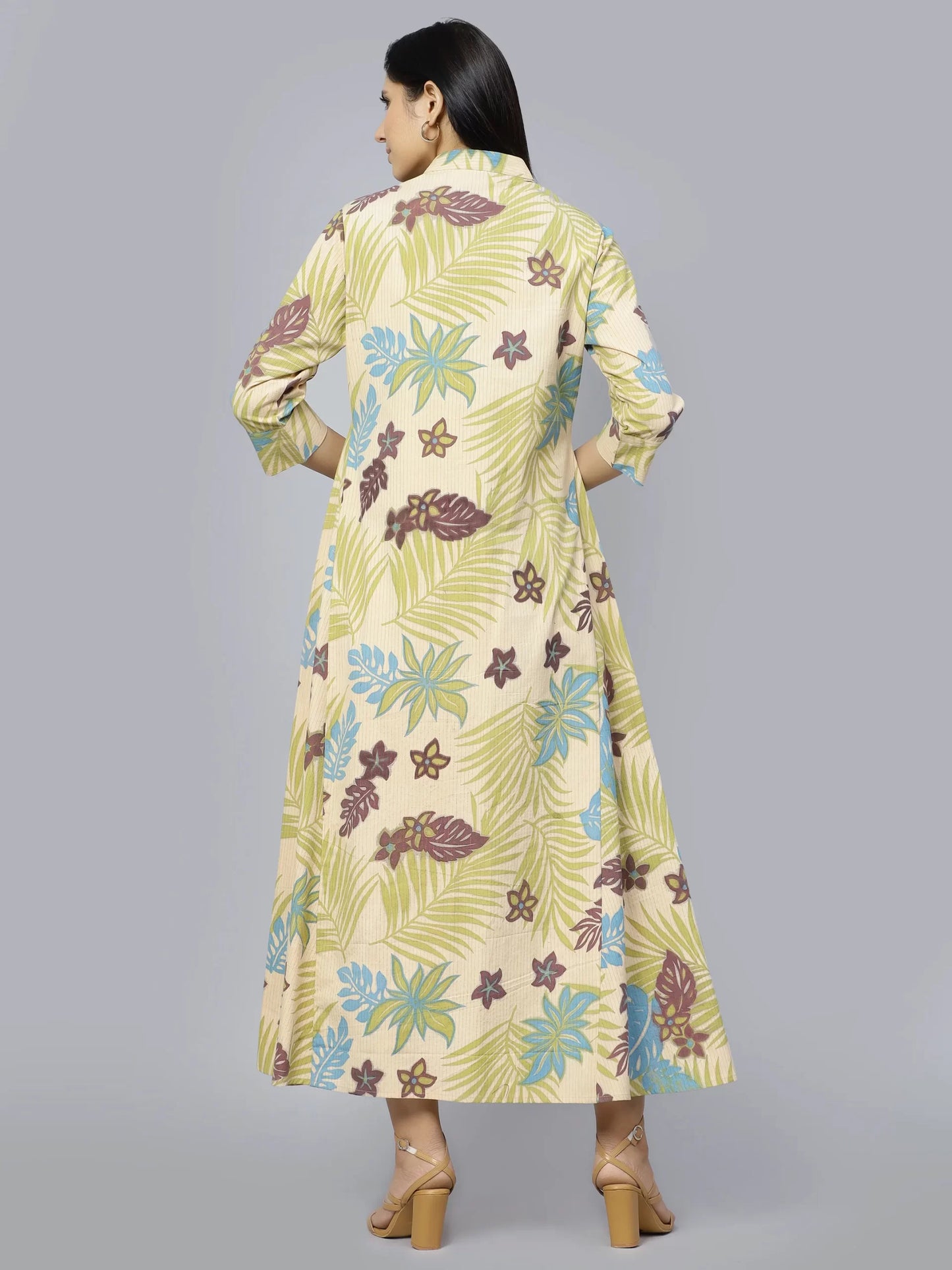 Floral Printed Mandarin Collar Cotton A-Line Dress