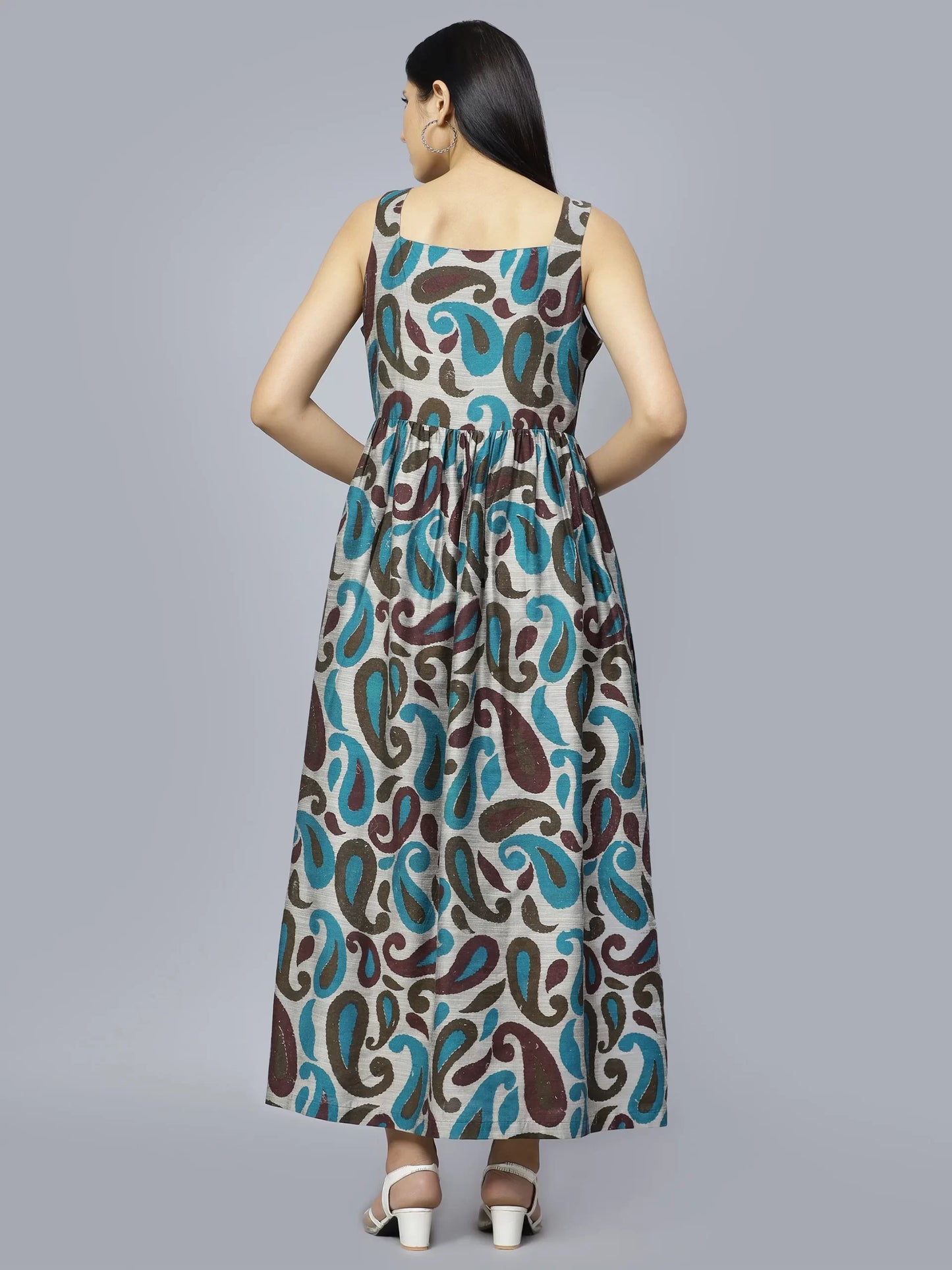 Paisley Ethnic Motifs Printed Shoulder Strap Cotton Fit &amp; Flare Maxi Dress