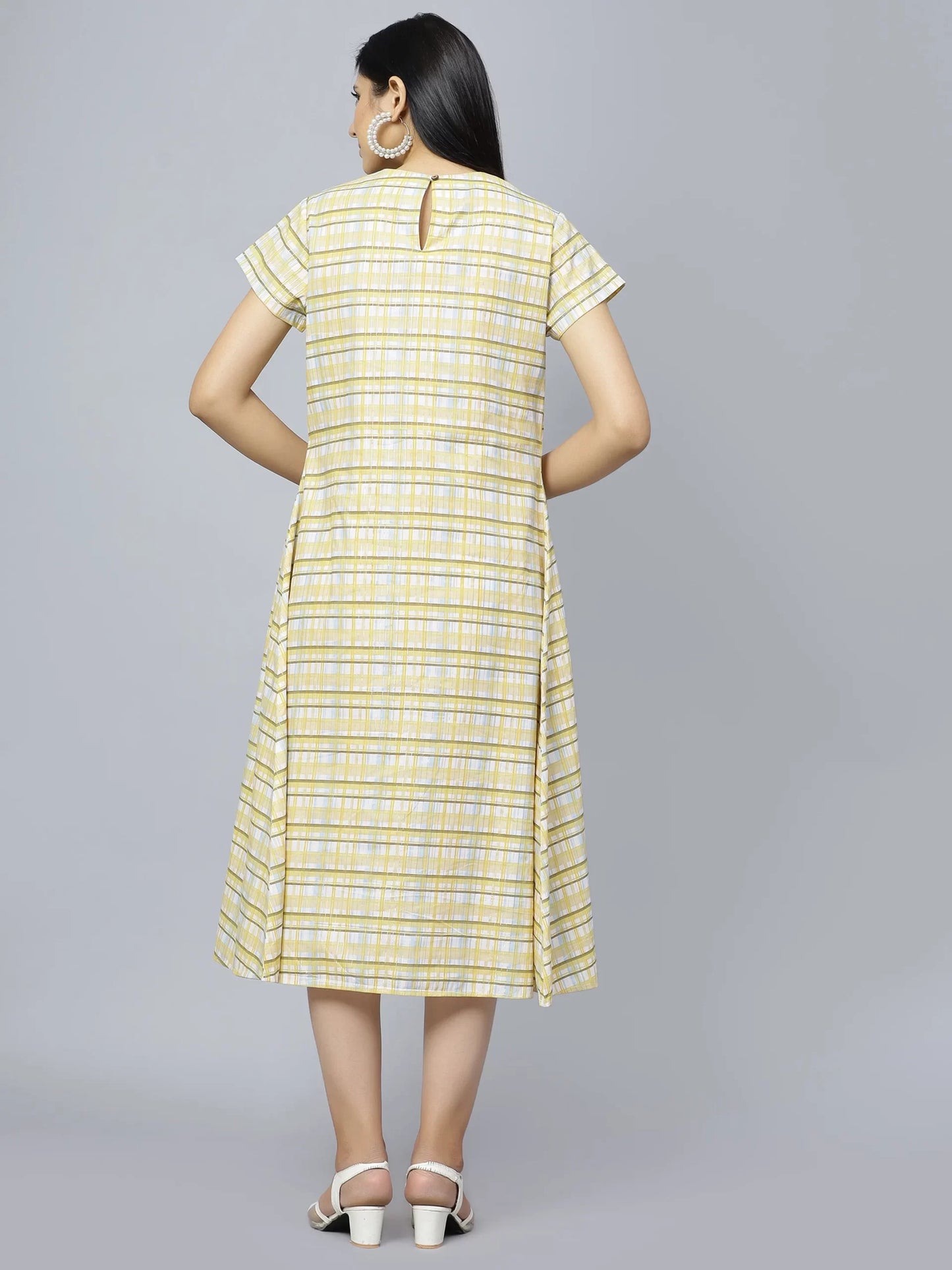 Checked Round Neck Cotton A-Line Midi Dress