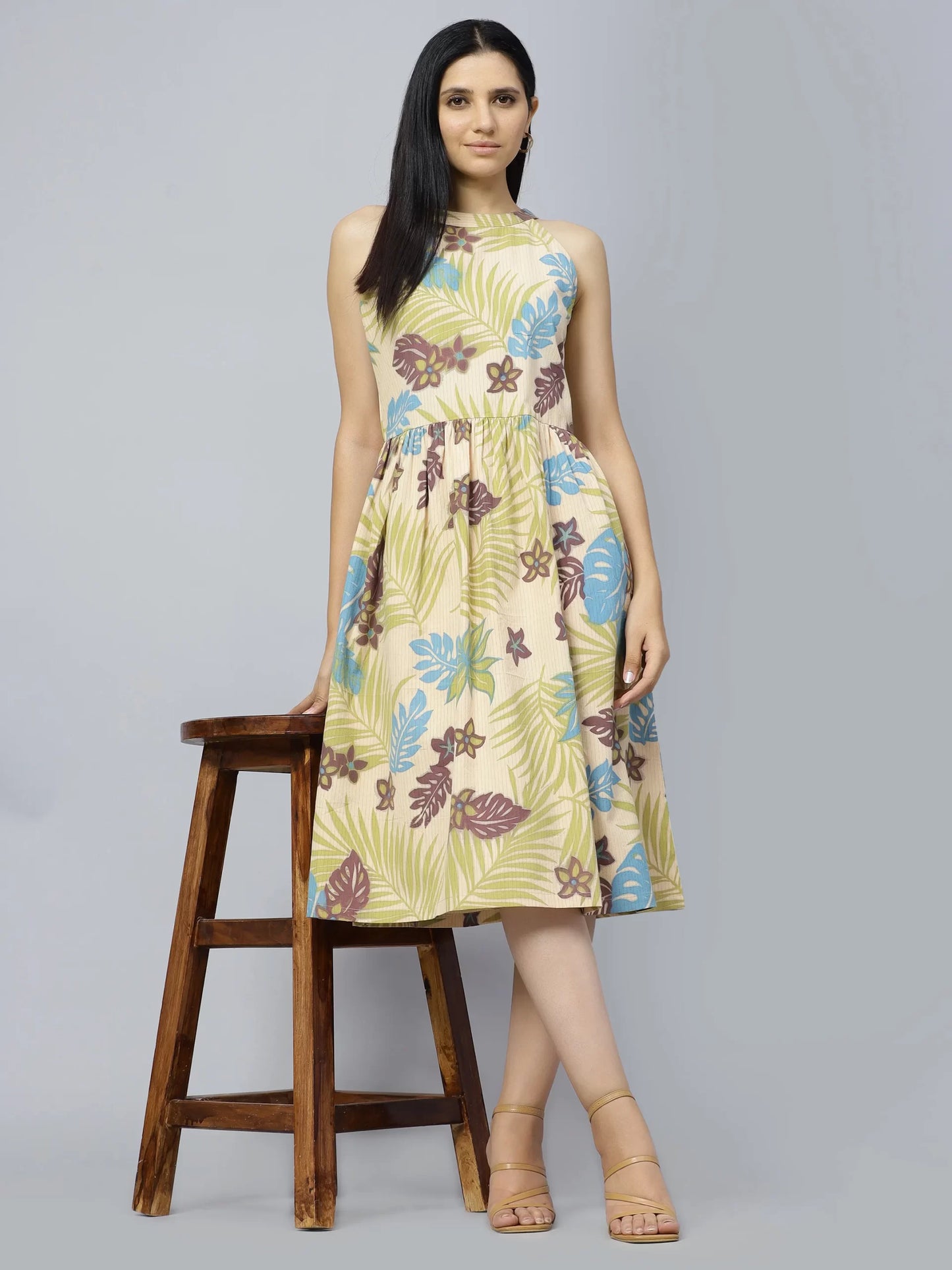 Floral Printed Fit &amp; Flare Cotton Midi Dress