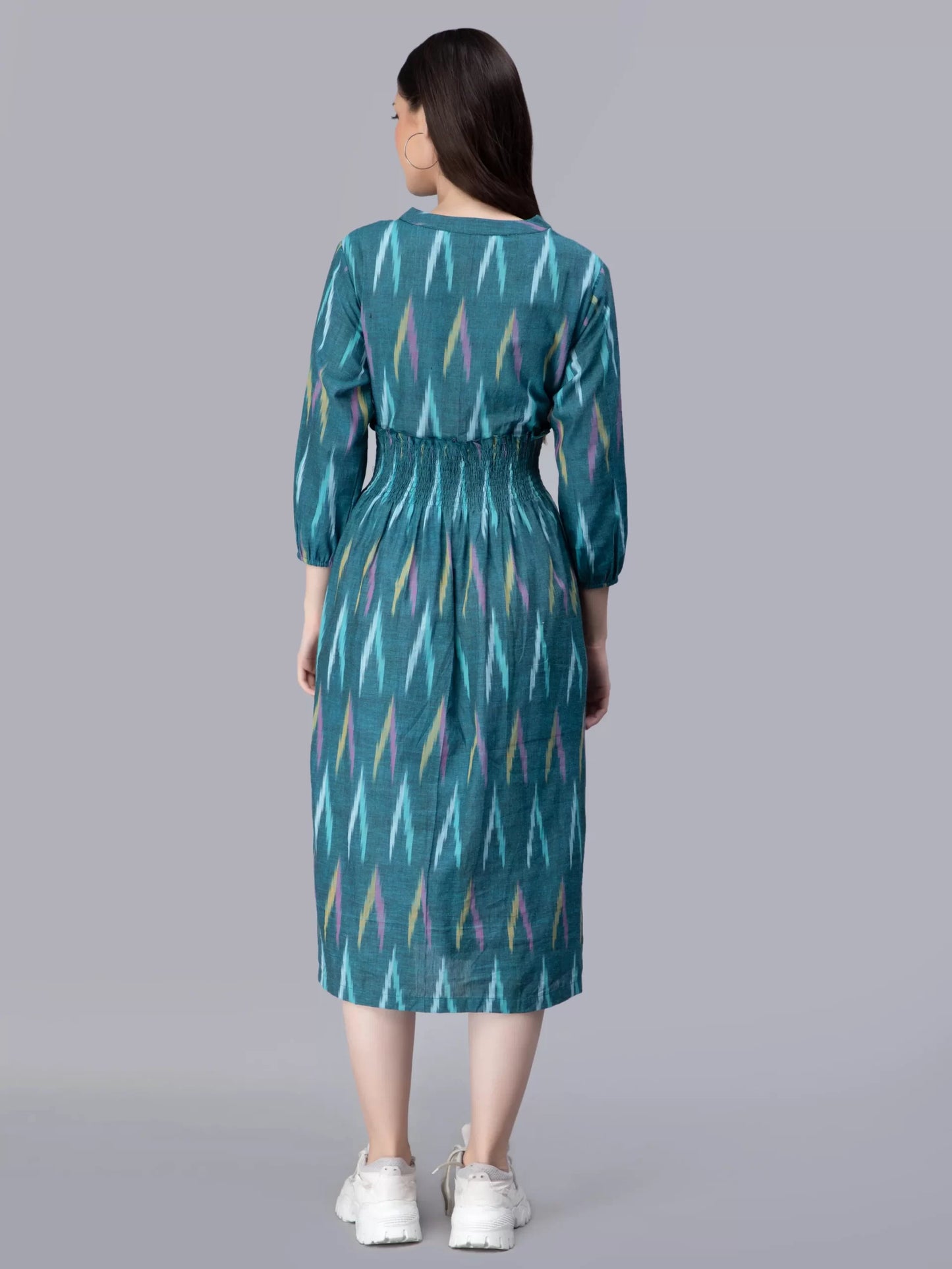 Ethnic Motifs Ikkat Printed V-Neck Smocked Shirt Dress