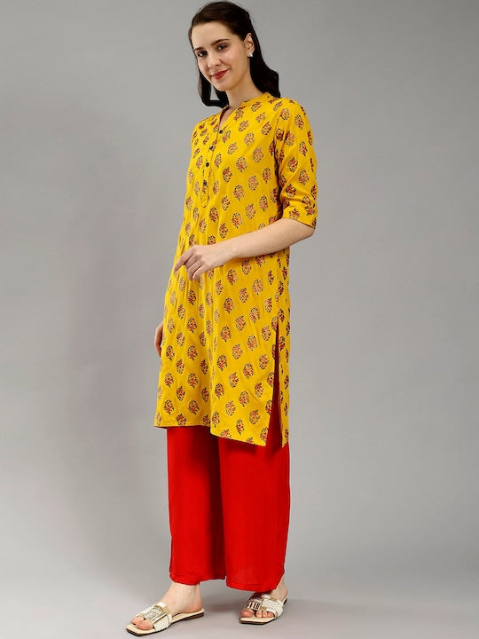 Ethnic Motifs Printed Mandarin Collar Cotton Straight Kurta