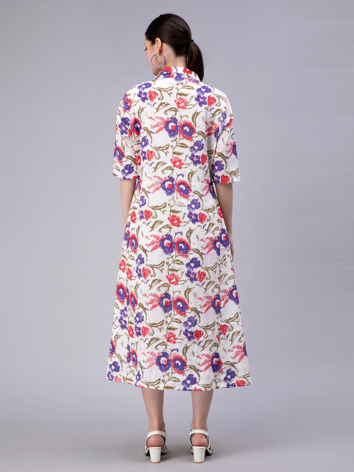 Floral Printed Shirt Collar Cotton Shirt Midi Dress