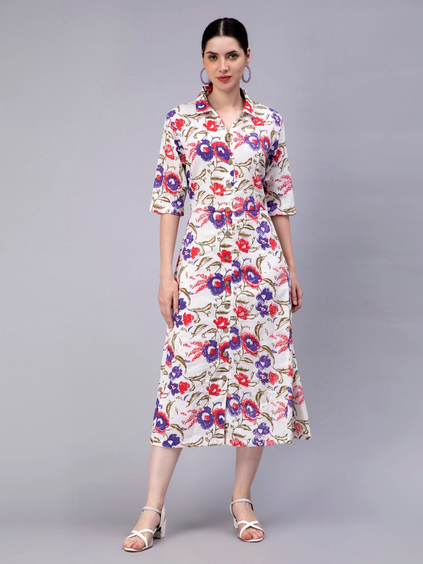 Floral Printed Shirt Collar Cotton Shirt Midi Dress