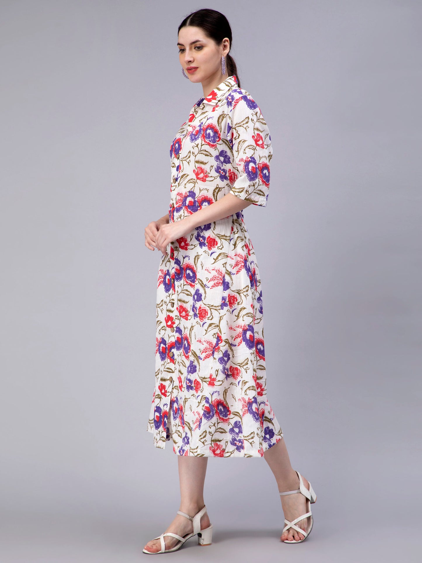 Floral Printed Shirt Collar Cotton Shirt Midi Dress