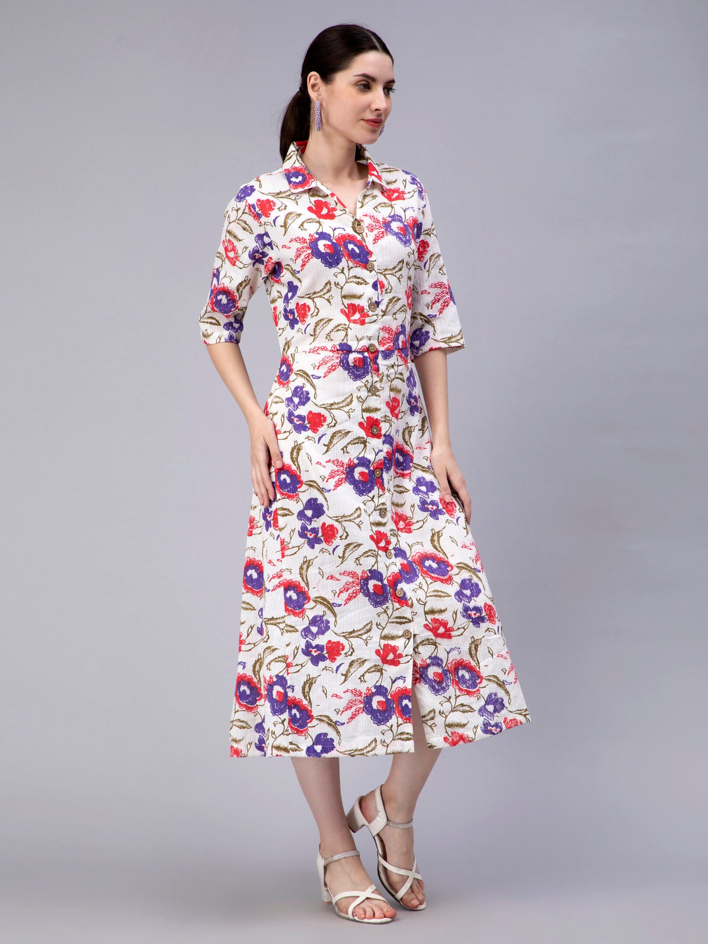 Floral Printed Shirt Collar Cotton Shirt Midi Dress