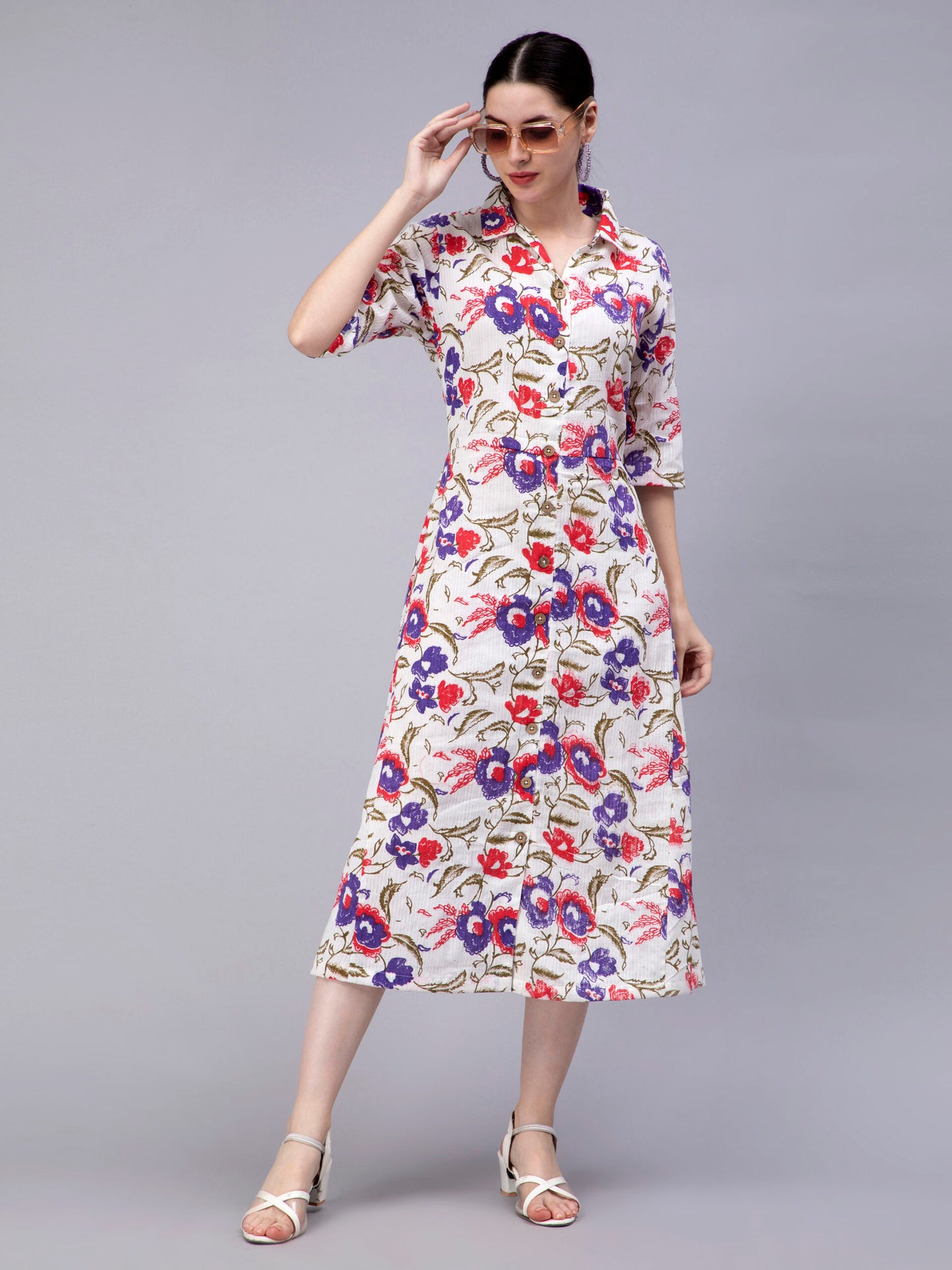 Floral Printed Shirt Collar Cotton Shirt Midi Dress