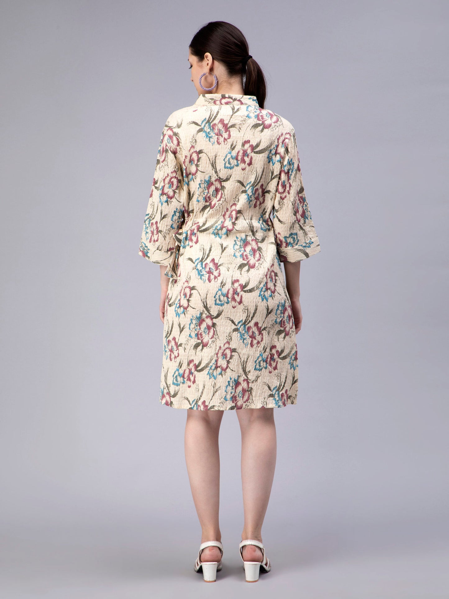 Floral Printed Mandarin Collar Smocked Cotton Shirt Dress