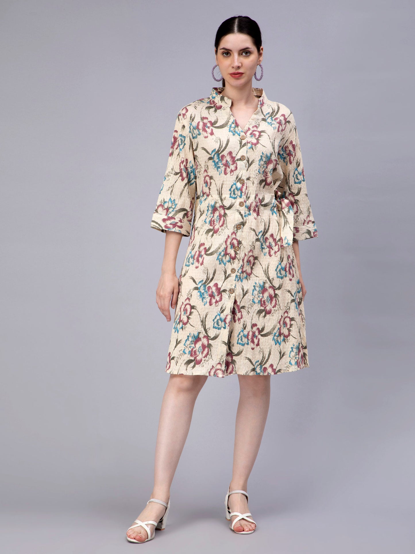 Floral Printed Mandarin Collar Smocked Cotton Shirt Dress