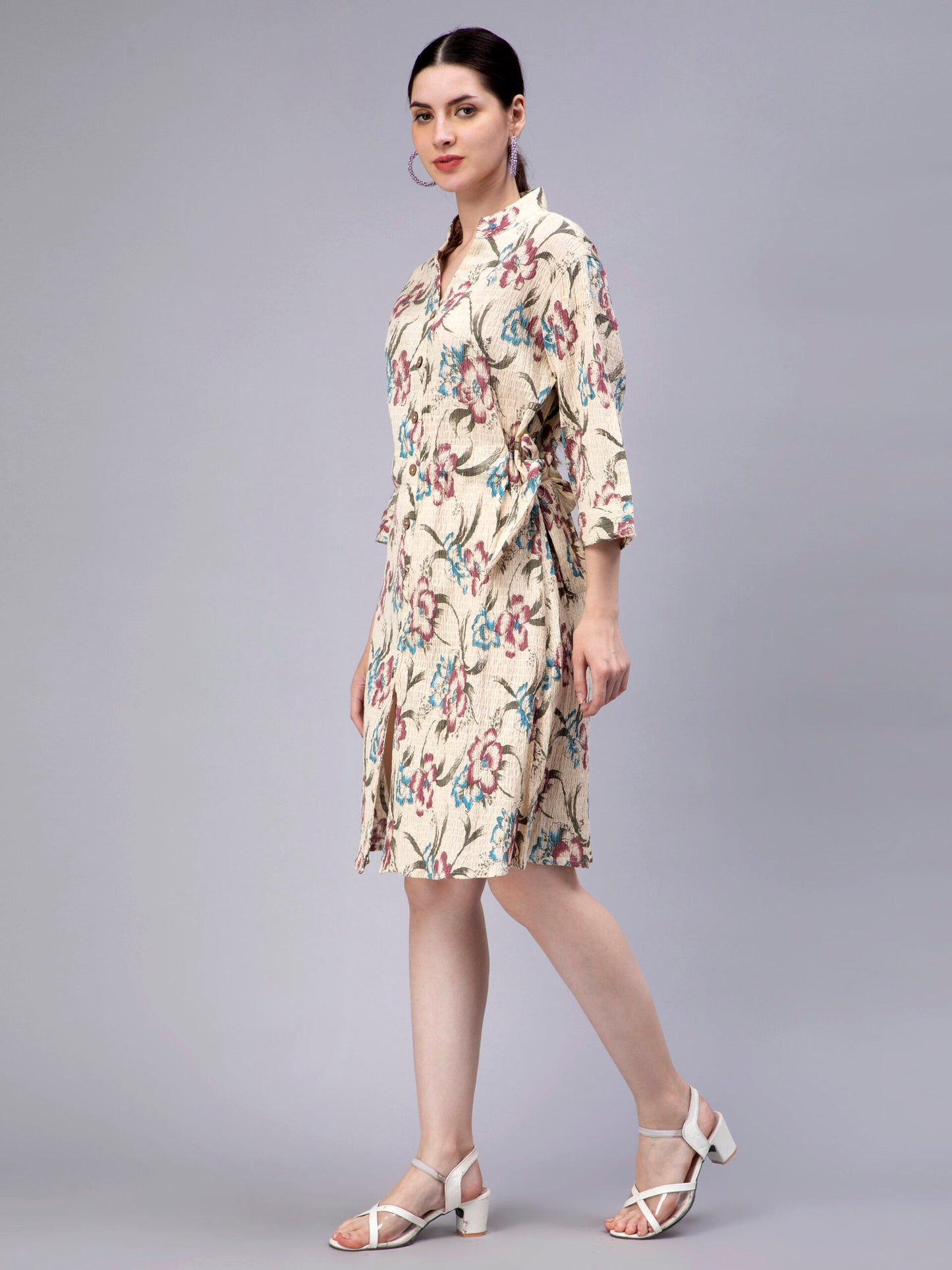 Floral Printed Mandarin Collar Smocked Cotton Shirt Dress