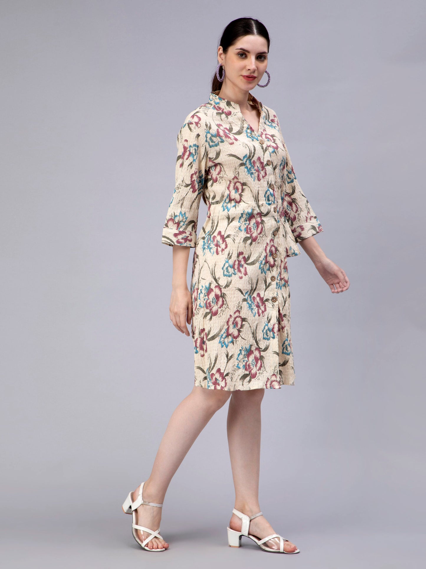 Floral Printed Mandarin Collar Smocked Cotton Shirt Dress