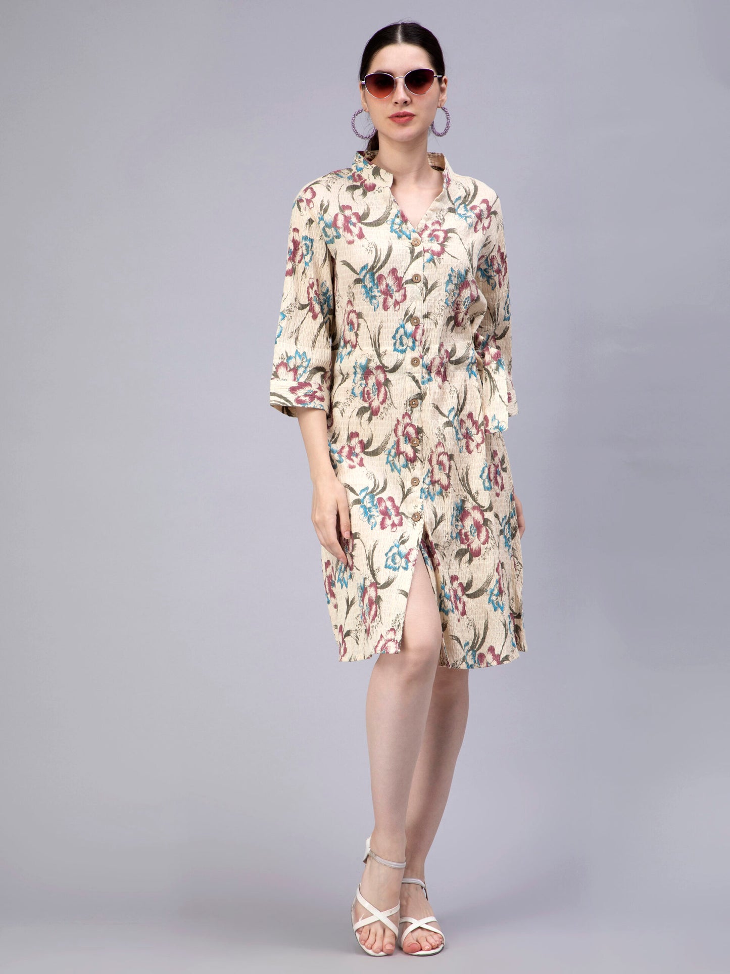 Floral Printed Mandarin Collar Smocked Cotton Shirt Dress