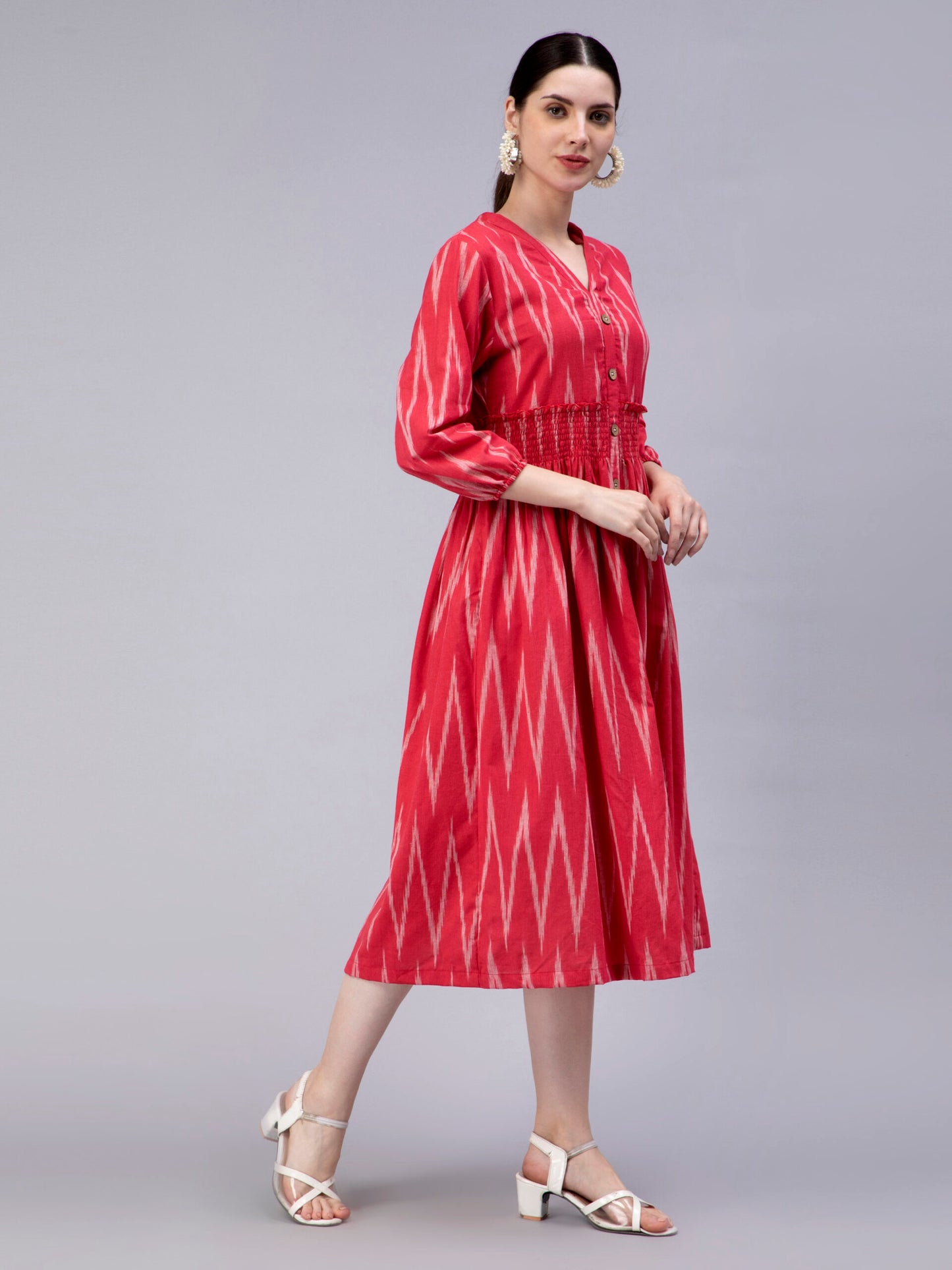 Chevron Printed V-Neck Smocked Cotton A-Line Midi Dress