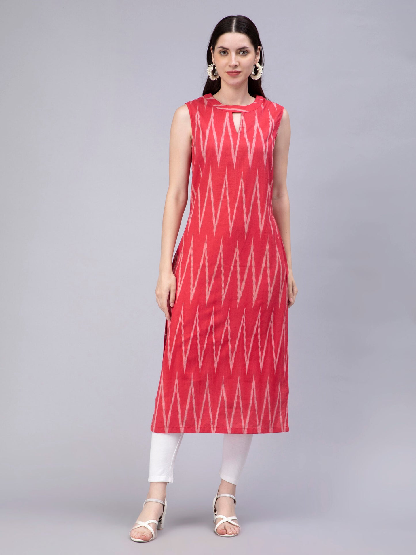 Ethnic Motifs Ikkat Printed Keyhole Neck Cotton Straight Kurta