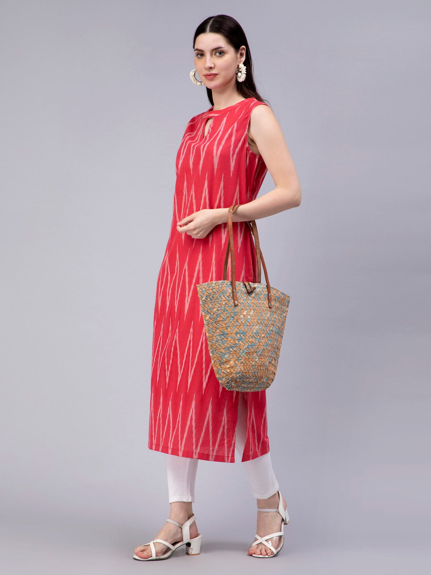 Ethnic Motifs Ikkat Printed Keyhole Neck Cotton Straight Kurta