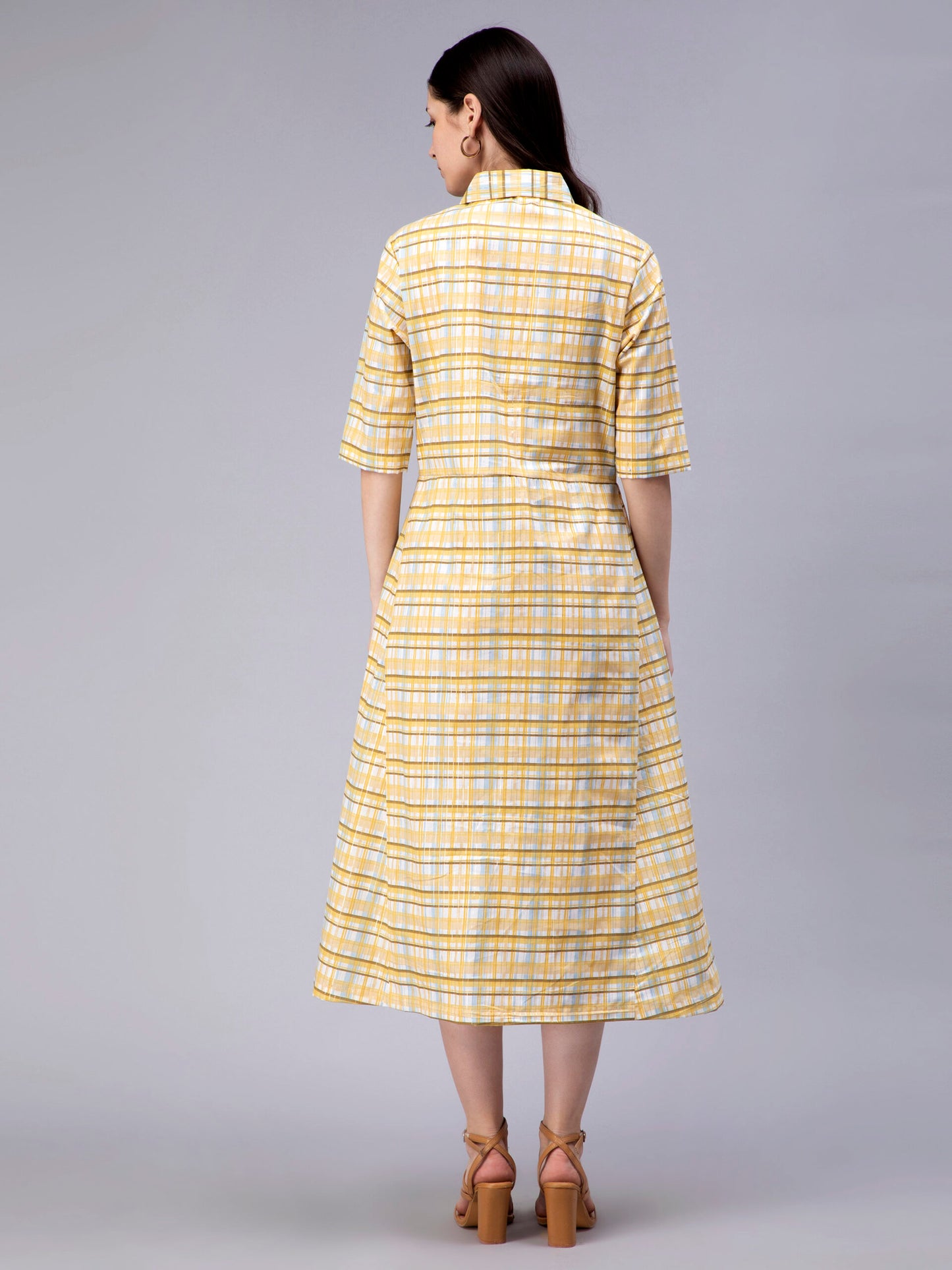 Checked Shirt Collar Cotton Shirt Midi Dress