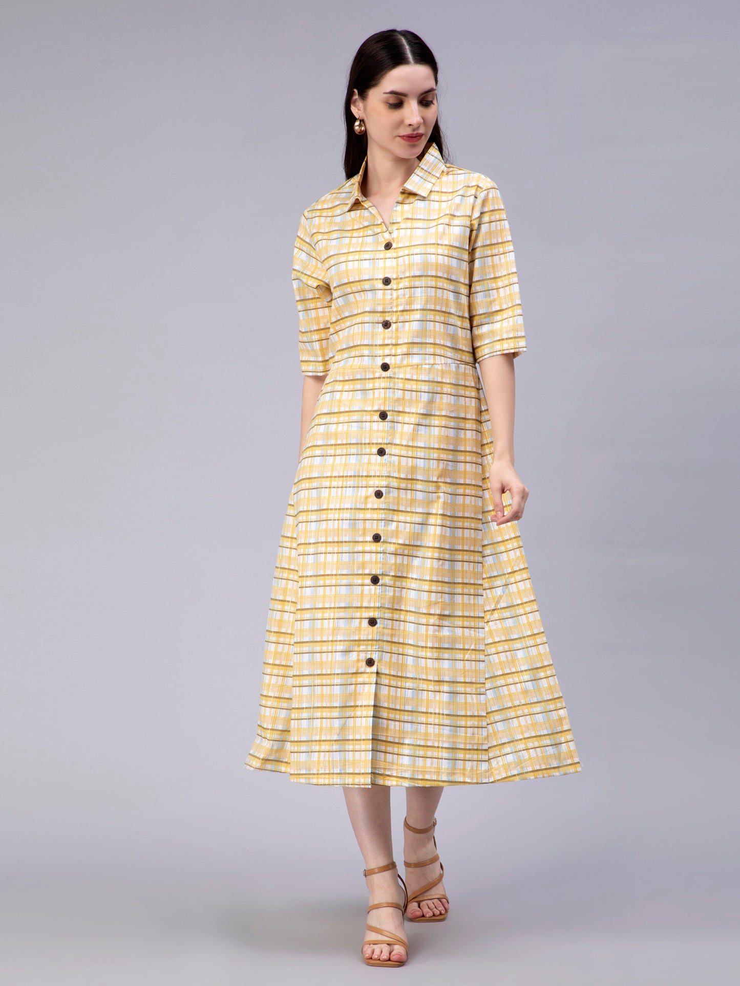 Checked Shirt Collar Cotton Shirt Midi Dress