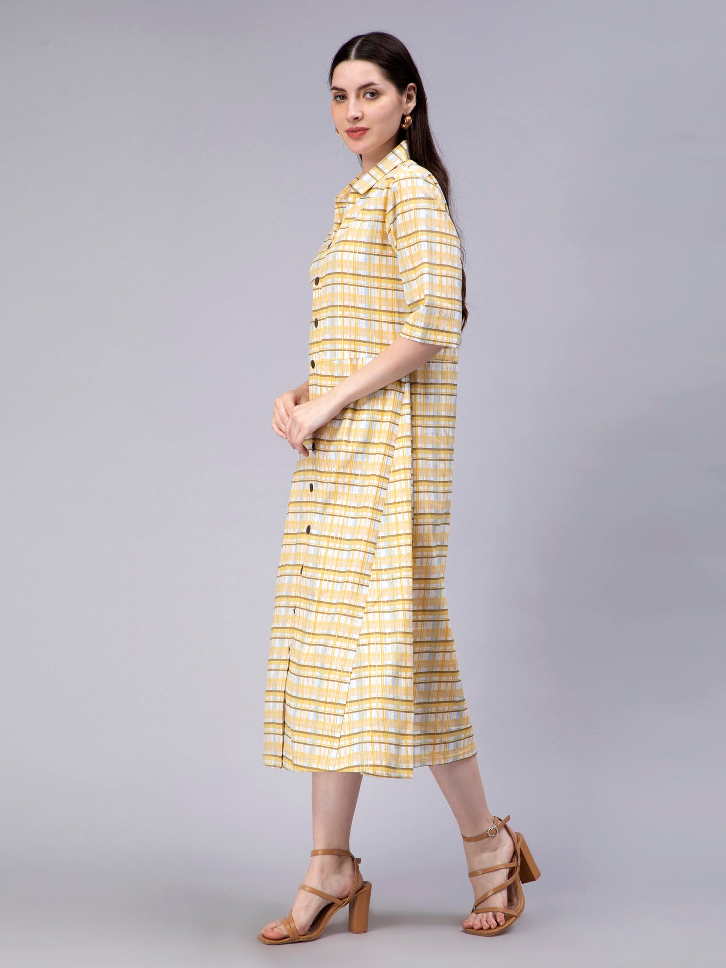 Checked Shirt Collar Cotton Shirt Midi Dress