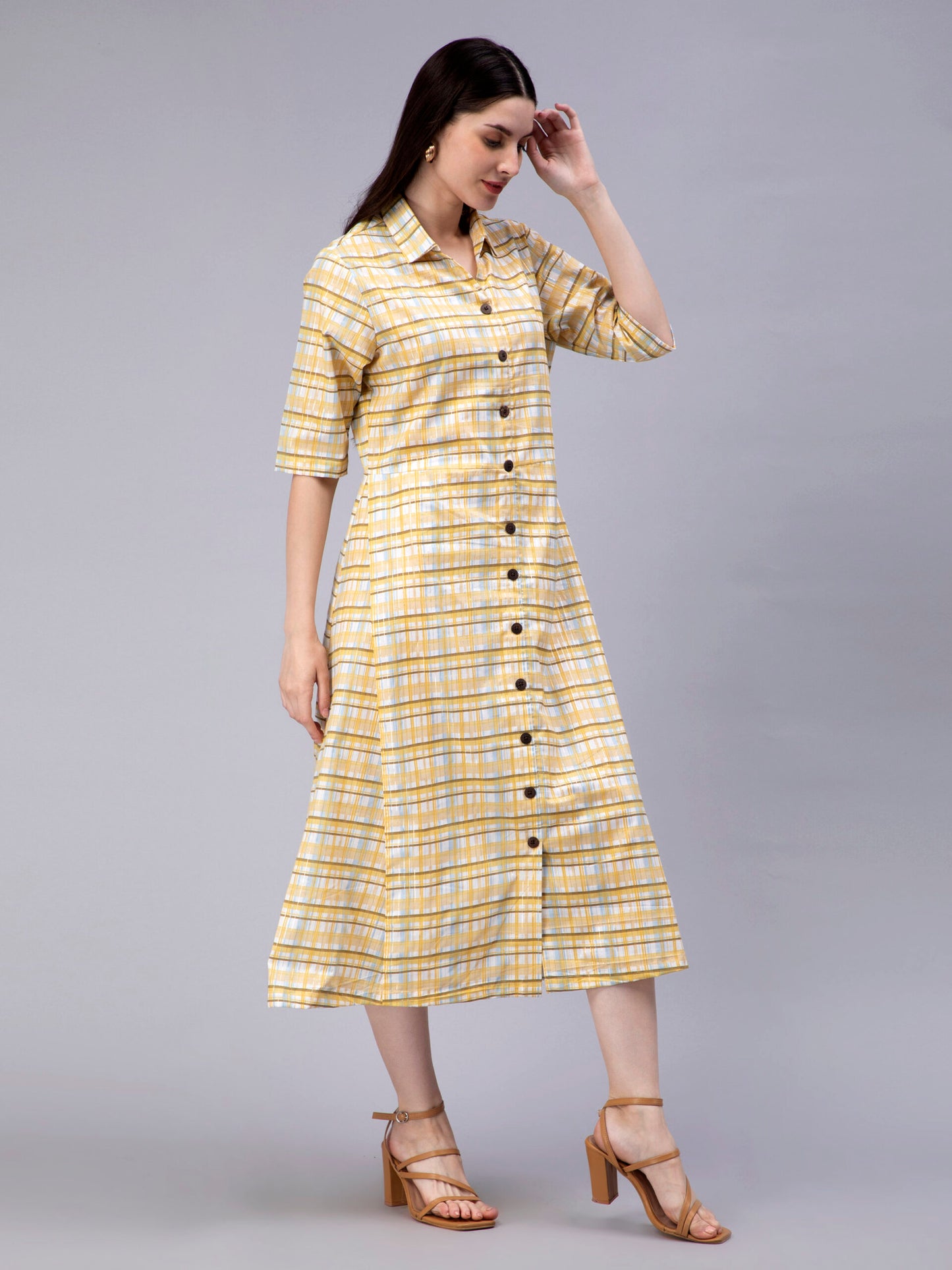 Checked Shirt Collar Cotton Shirt Midi Dress