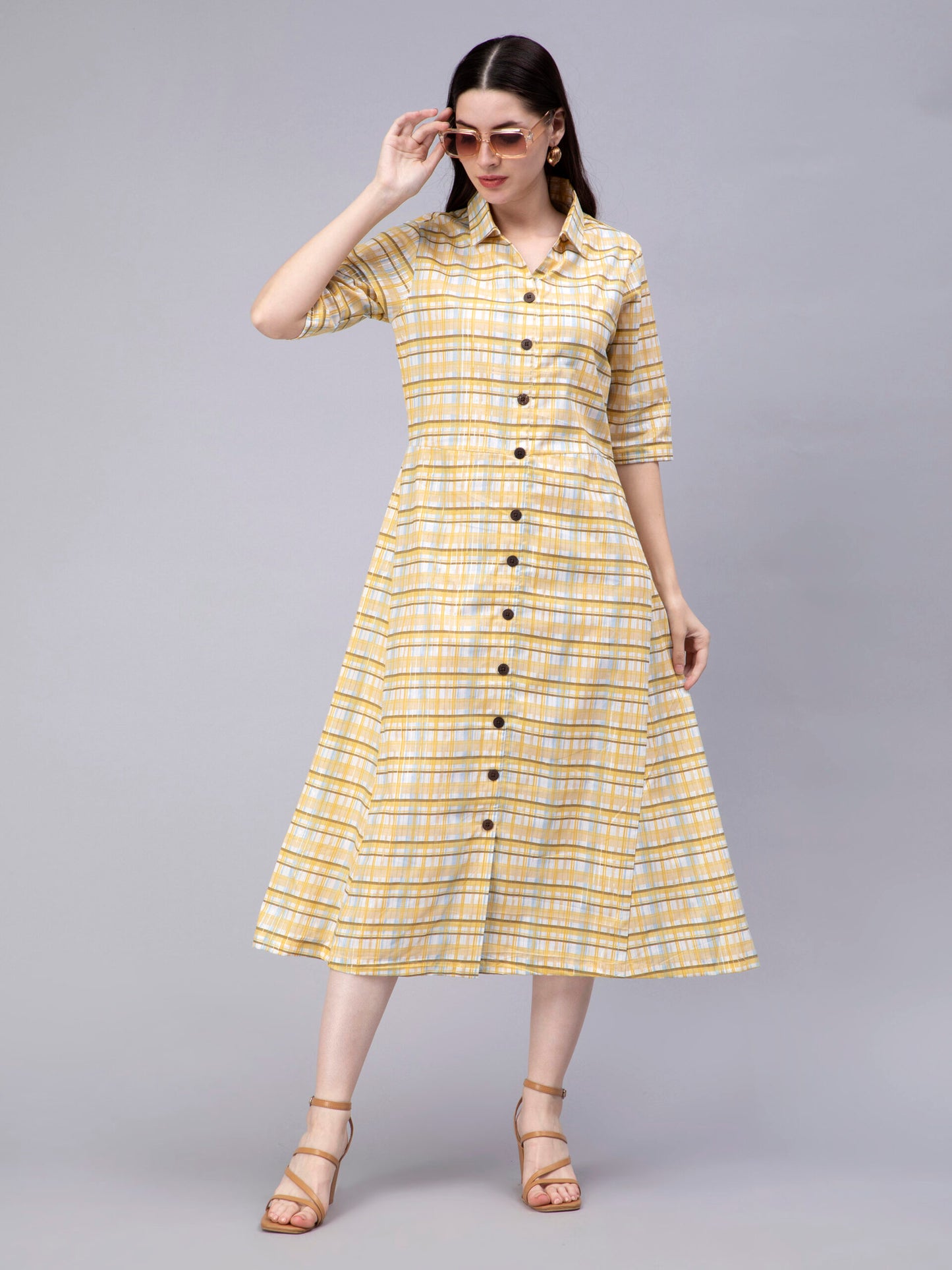 Checked Shirt Collar Cotton Shirt Midi Dress