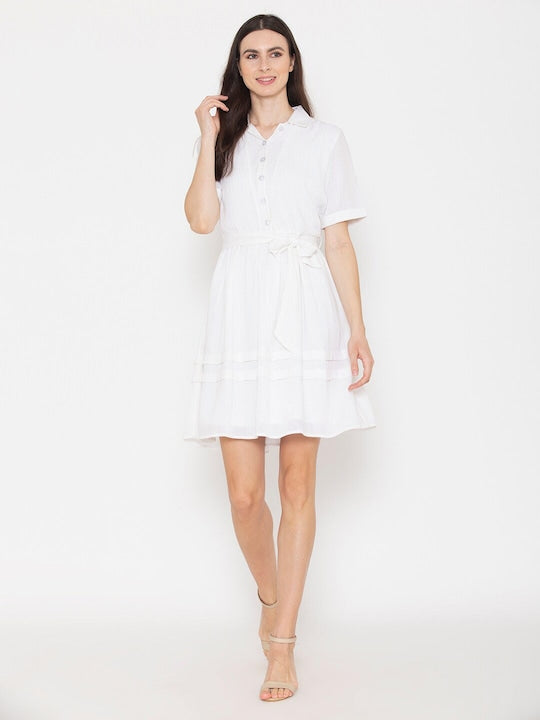 Shirt Collar Short Sleeves Cotton Belted Shirt Dress