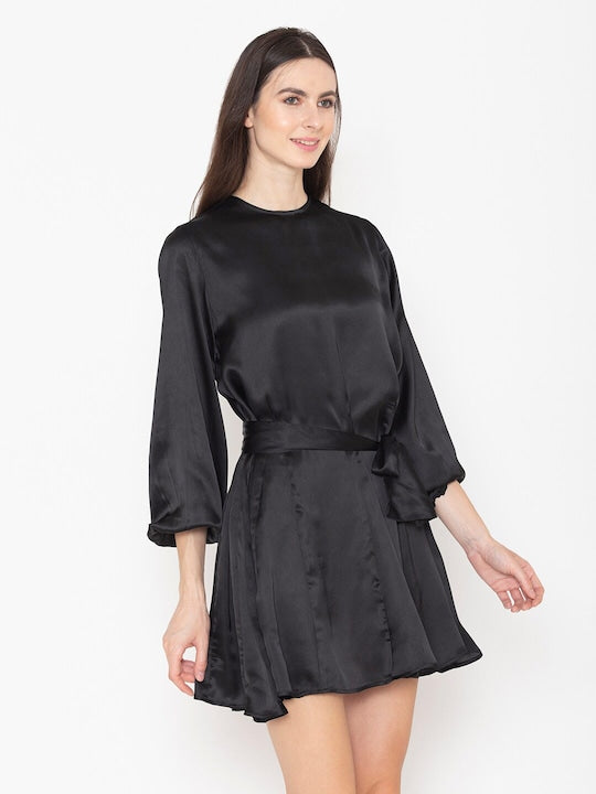 Round Neck Puff Sleeve Cotton Belted A-Line Dress