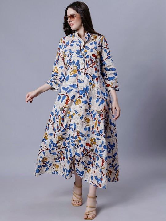 Floral Printed Mandarin Collar Cotton A-Line Midi Dresse