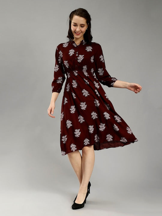 Ethnic Motifs Printed Mandarin Collar Puff Sleeves Cotton Fit &amp; Flare Midi Dress