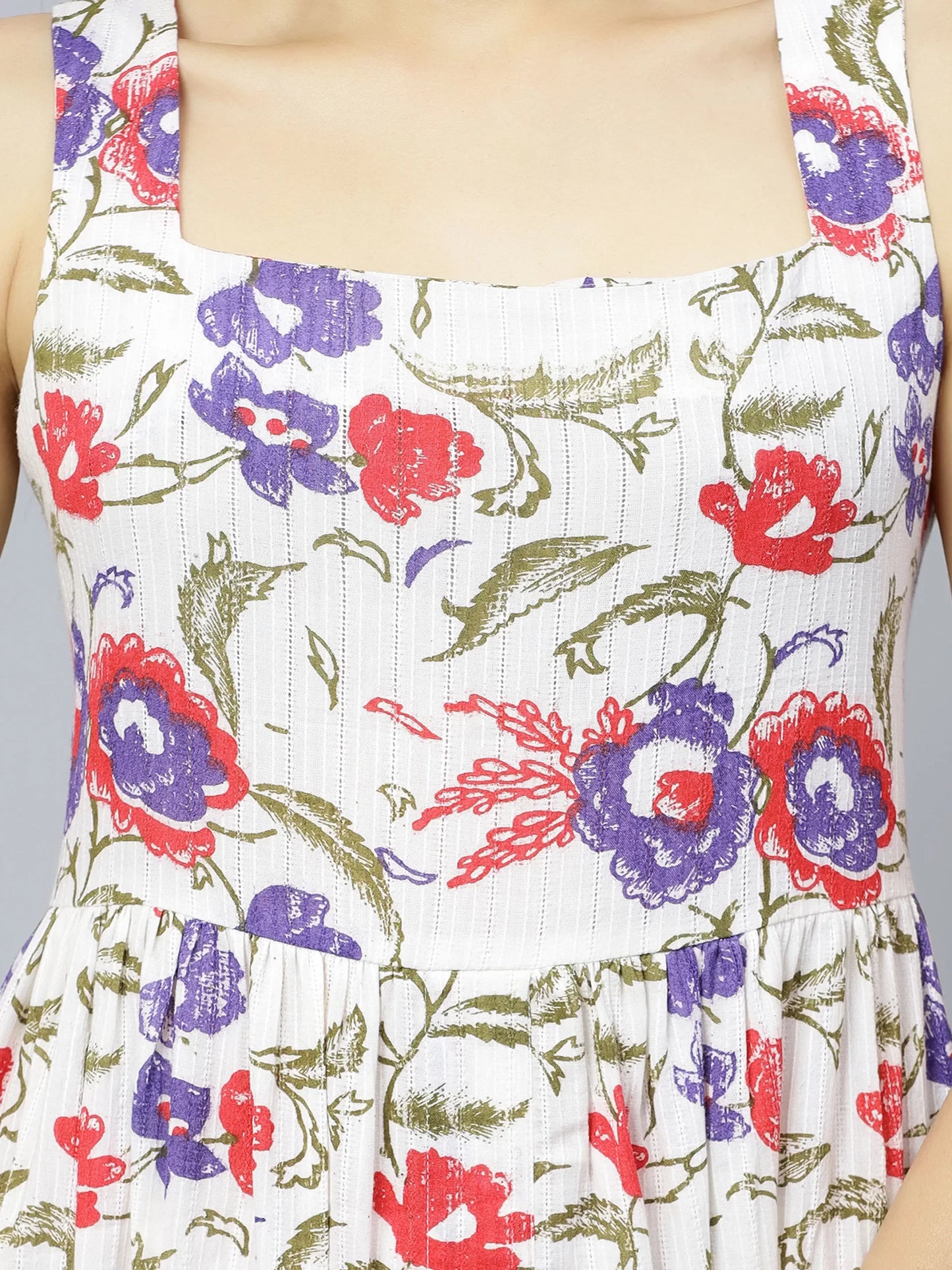 Off White Floral Printed Shoulder Strap Cotton A-Line Dress