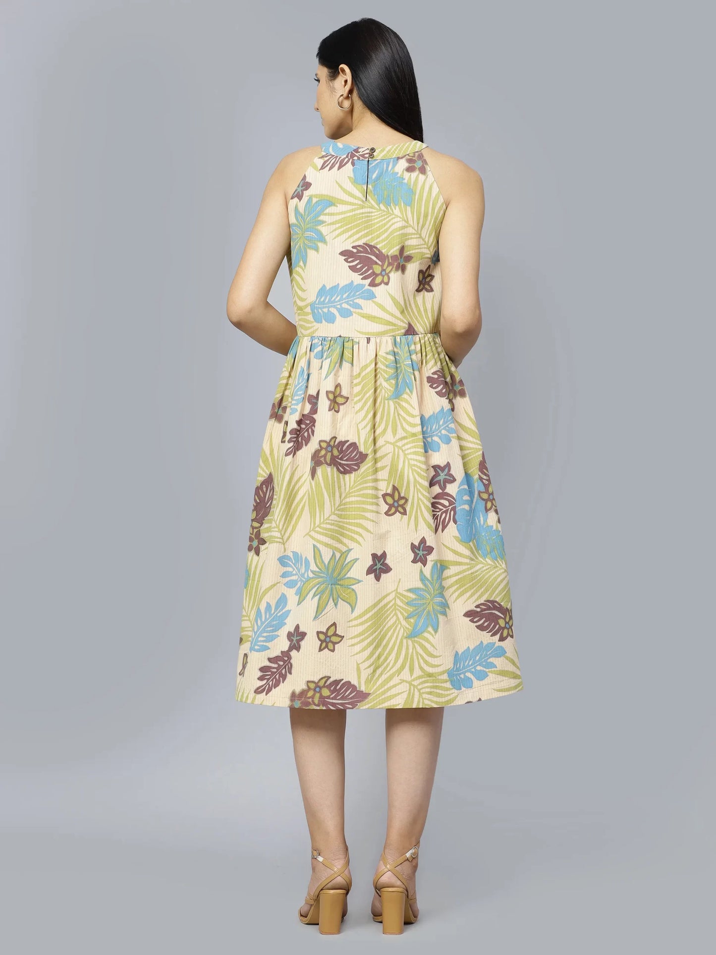 Floral Printed Fit &amp; Flare Cotton Midi Dress