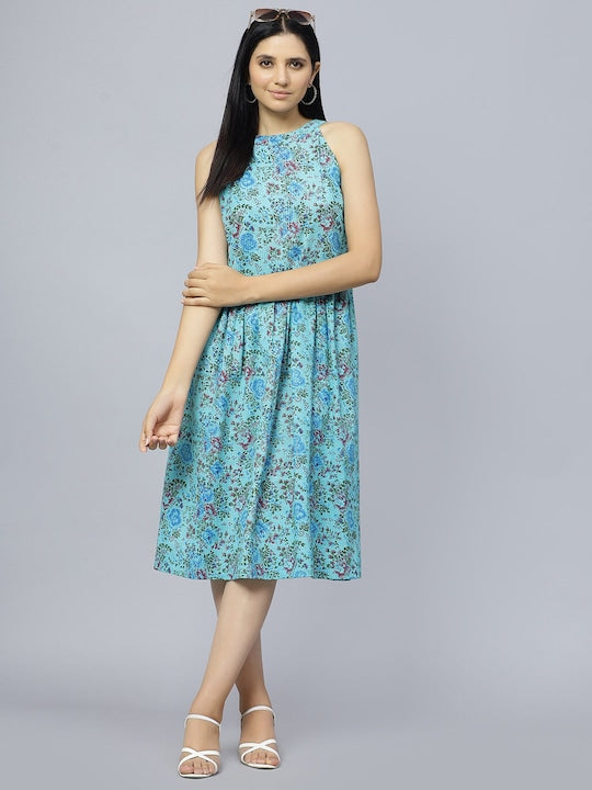 Floral Printed Gathered Cotton A-Line Midi Dress