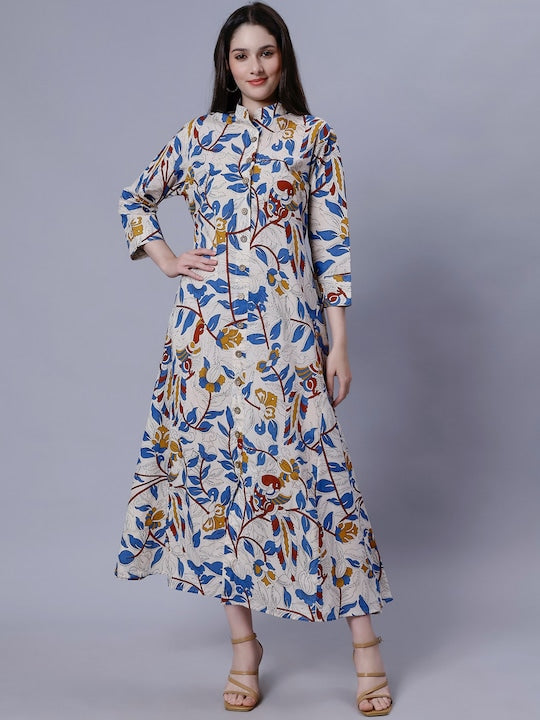 Floral Printed Mandarin Collar Cotton A-Line Midi Dresse