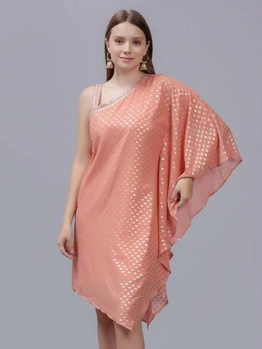 Ethnic Motif Foil Printed One Shoulder Fusion Kaftan Dress