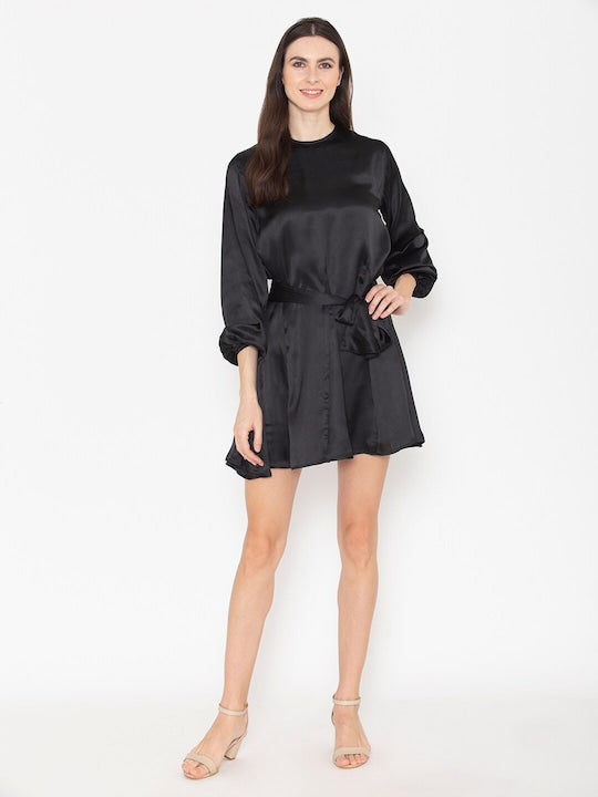 Round Neck Puff Sleeve Cotton Belted A-Line Dress