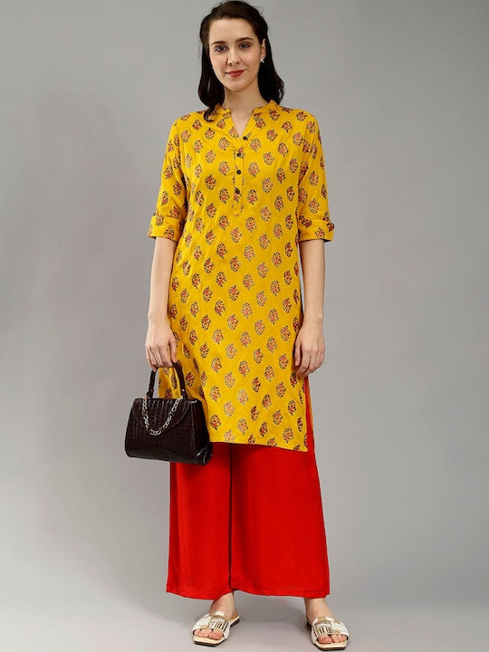 Ethnic Motifs Printed Mandarin Collar Cotton Straight Kurta