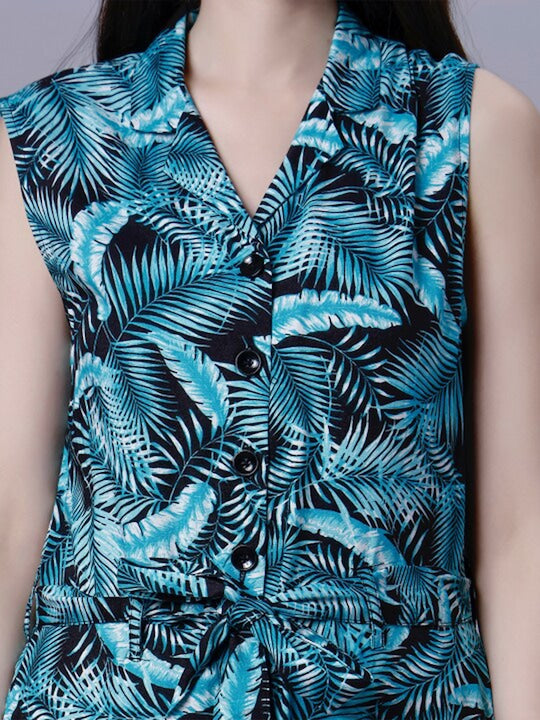 Tropical Printed Notch Lapel Collar Casual Basic Jumpsuit