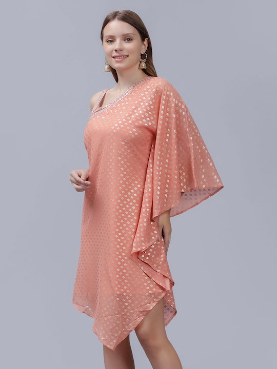 Ethnic Motif Foil Printed One Shoulder Fusion Kaftan Dress