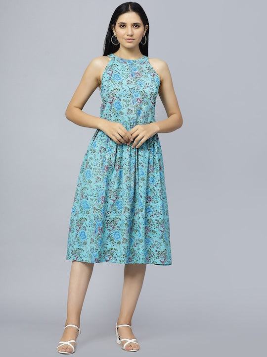 Floral Printed Gathered Cotton A-Line Midi Dress