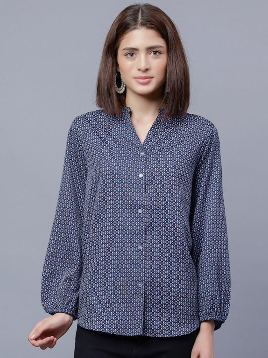 Comfort Geometric Printed Mandarin Collar Casual Shirt